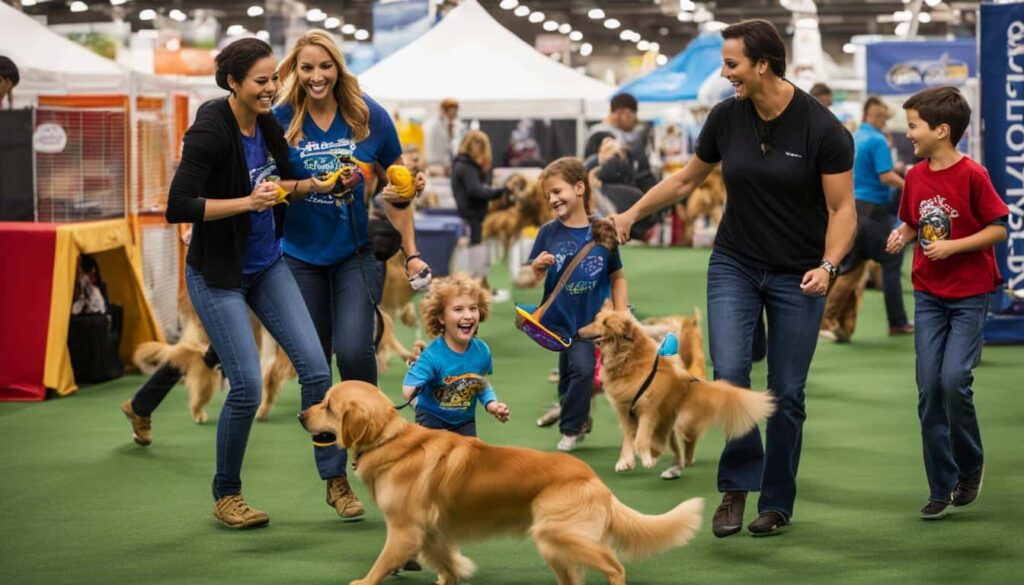 Family playing with a dog